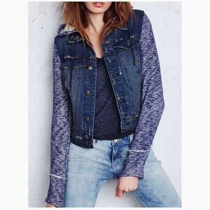 Free People Knit Hooded Denim Jean Jacket Space Dye Knit Sleeve Distressed Sz M